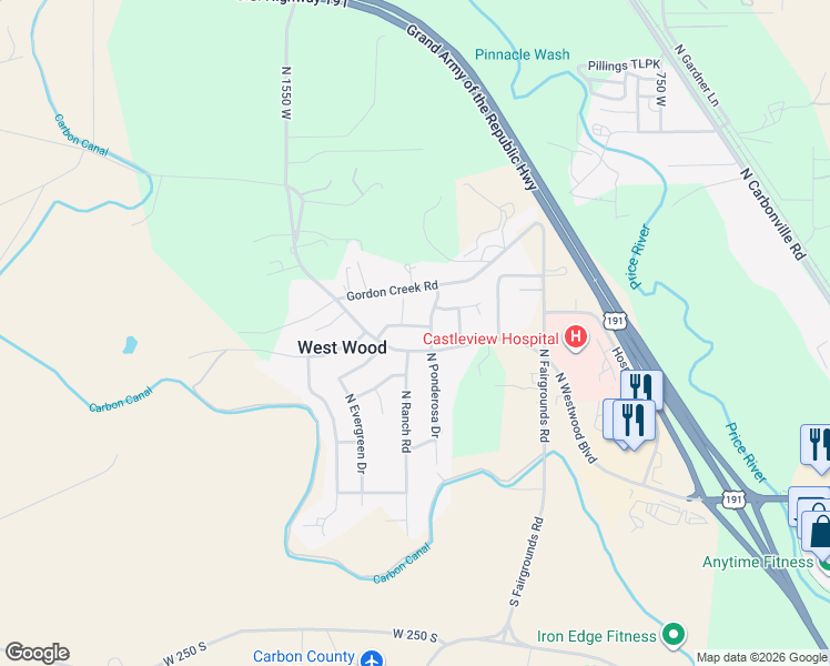 map of restaurants, bars, coffee shops, grocery stores, and more near 1259 West Raintree Drive in Price