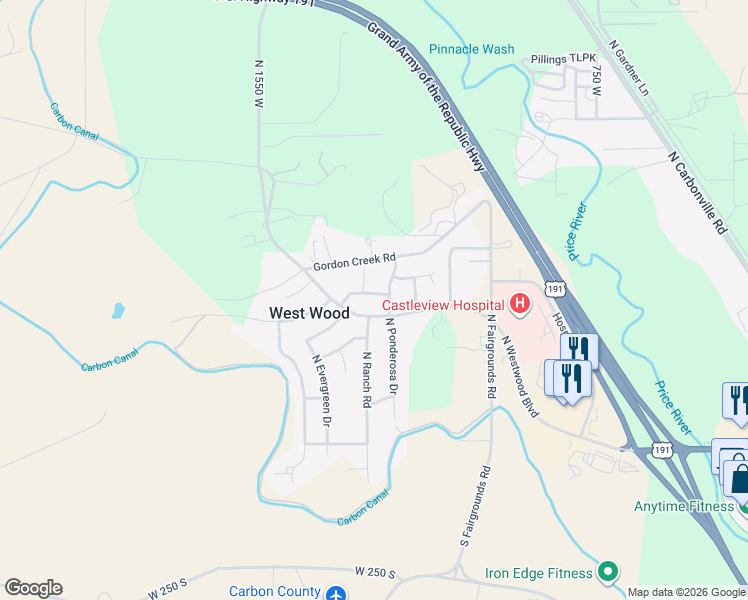 map of restaurants, bars, coffee shops, grocery stores, and more near 1259 West Raintree Drive in Price