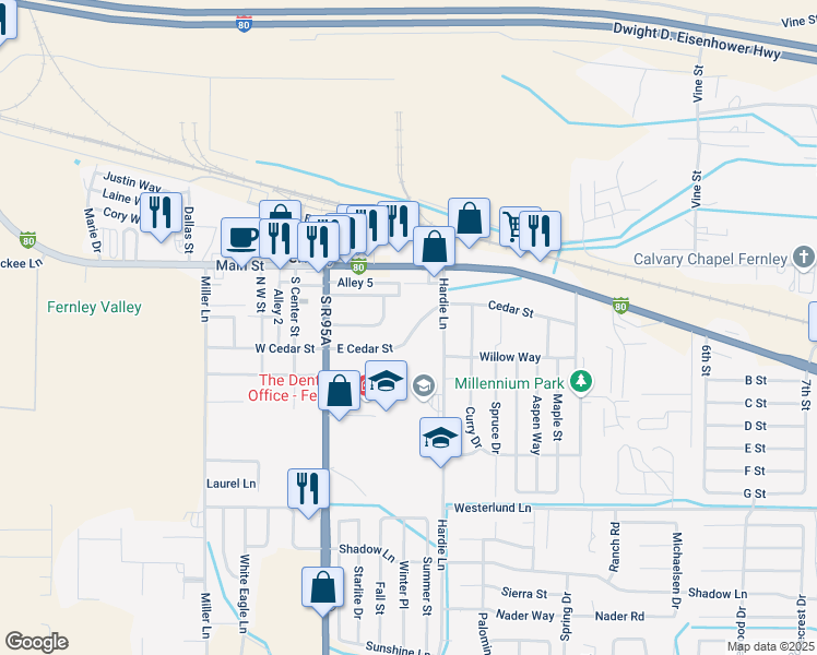 map of restaurants, bars, coffee shops, grocery stores, and more near 190 East Cedar Street in Fernley