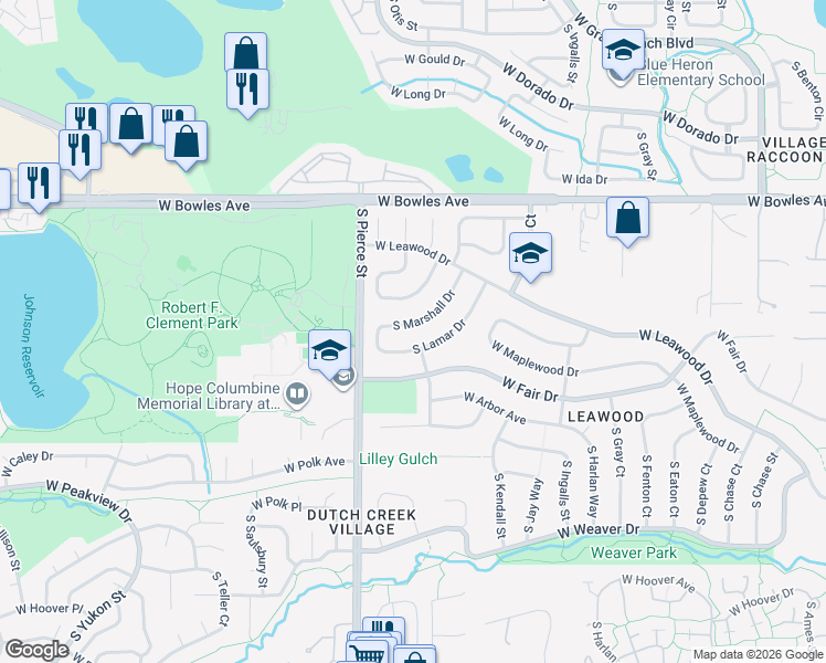 map of restaurants, bars, coffee shops, grocery stores, and more near 6078 South Marshall Drive in Littleton