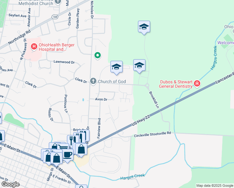 map of restaurants, bars, coffee shops, grocery stores, and more near 440 Sunnyview Drive in Circleville
