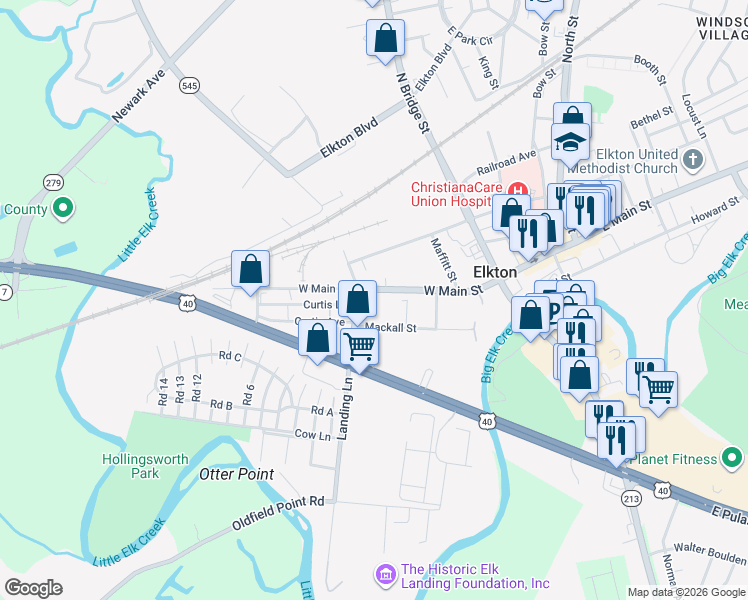 map of restaurants, bars, coffee shops, grocery stores, and more near 264 West Main Street in Elkton