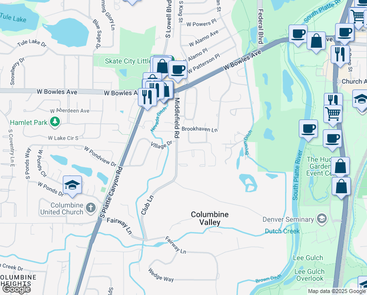 map of restaurants, bars, coffee shops, grocery stores, and more near 6114 Middlefield Rd in Littleton