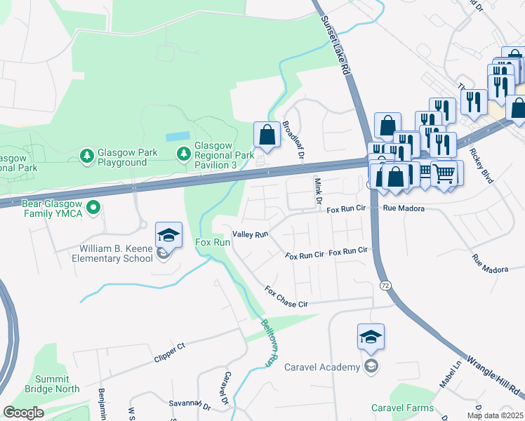 map of restaurants, bars, coffee shops, grocery stores, and more near 40 Antlers Lane in Bear
