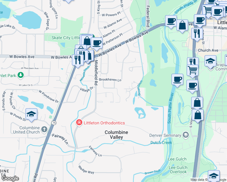 map of restaurants, bars, coffee shops, grocery stores, and more near 33 South Eagle Drive in Littleton