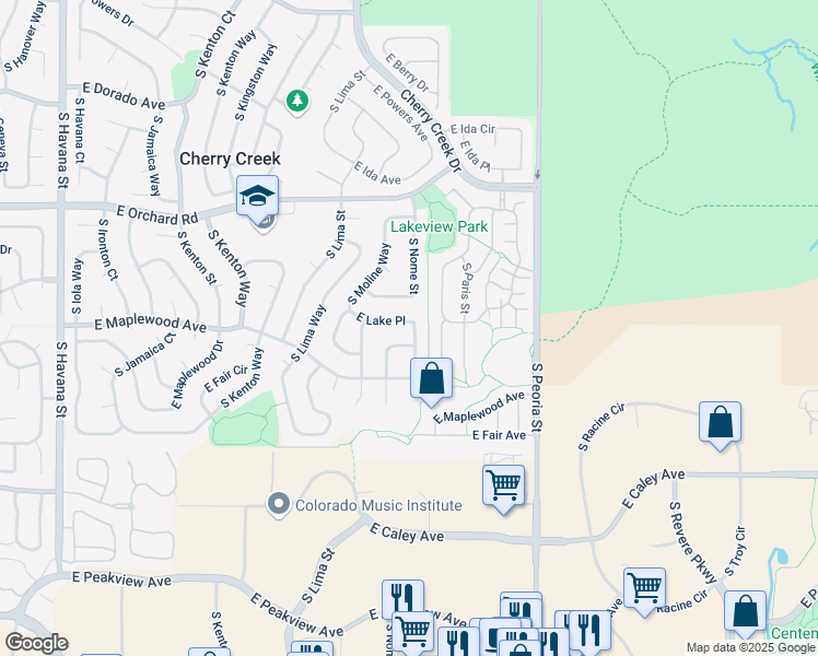 map of restaurants, bars, coffee shops, grocery stores, and more near 11674 East Lake Place in Englewood