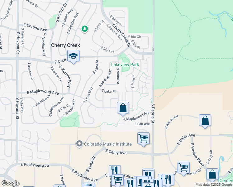 map of restaurants, bars, coffee shops, grocery stores, and more near 11674 East Lake Place in Englewood