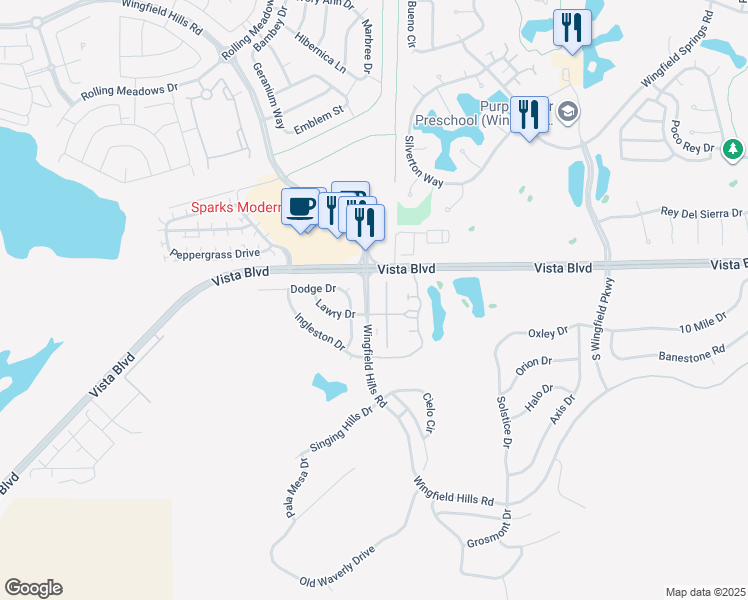 map of restaurants, bars, coffee shops, grocery stores, and more near 6227 Black Cinder Court in Sparks