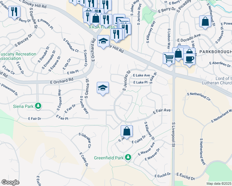 map of restaurants, bars, coffee shops, grocery stores, and more near 20288 East Lake Lane in Centennial
