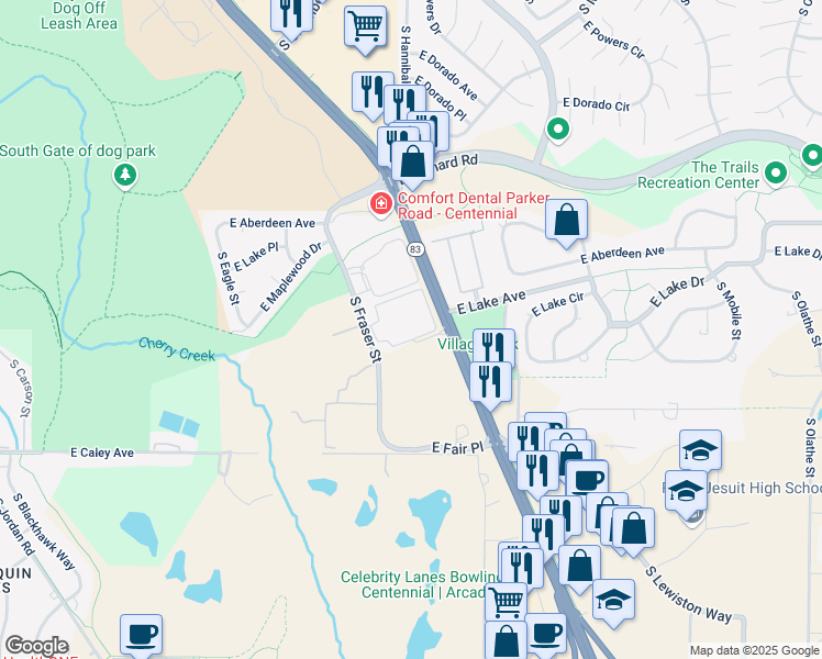 map of restaurants, bars, coffee shops, grocery stores, and more near 6107 South Parker Road in Centennial