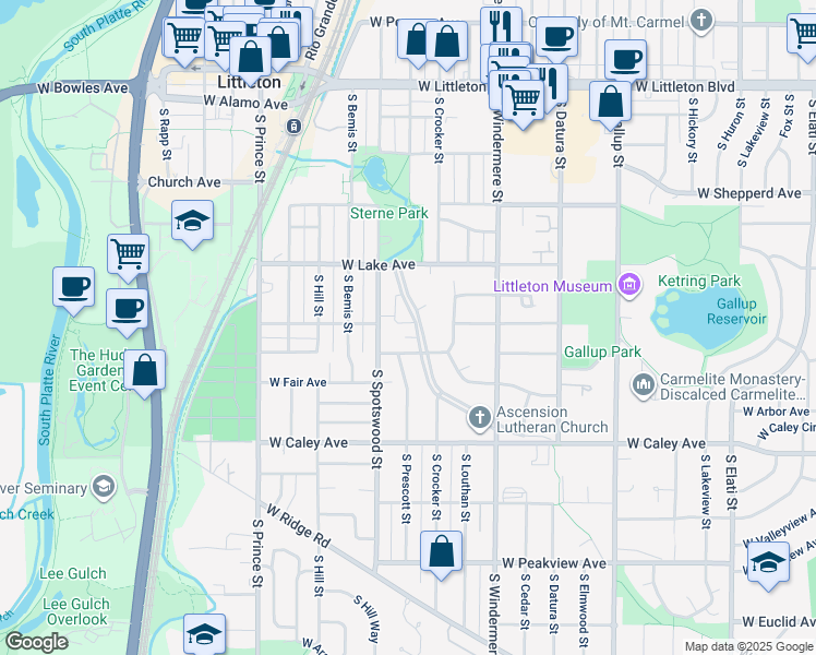 map of restaurants, bars, coffee shops, grocery stores, and more near 6073 South Sterne Parkway in Littleton
