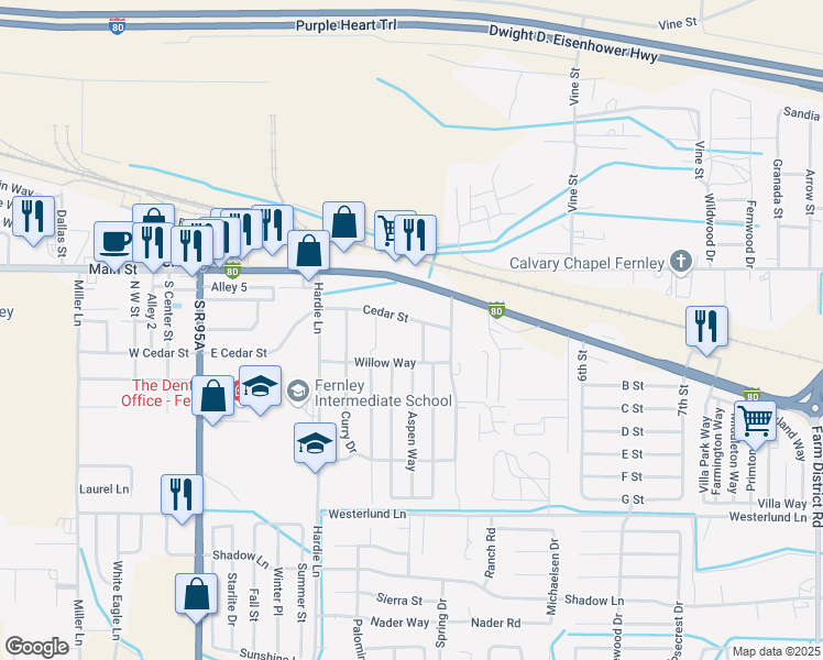 map of restaurants, bars, coffee shops, grocery stores, and more near 465 East Main Street in Fernley