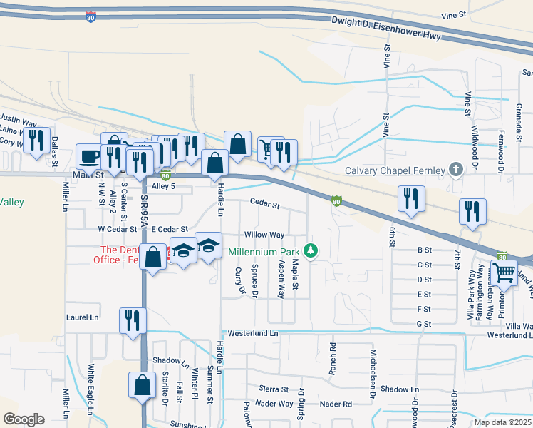 map of restaurants, bars, coffee shops, grocery stores, and more near 350 Willow Way in Fernley