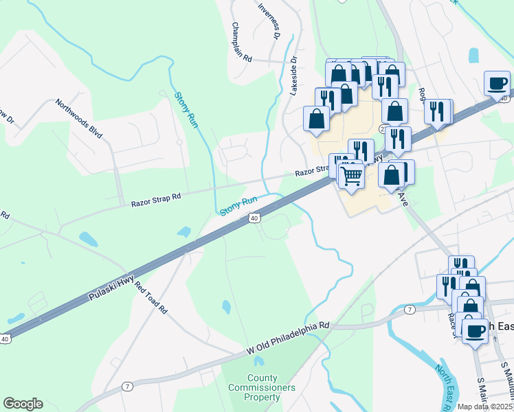 map of restaurants, bars, coffee shops, grocery stores, and more near 2537 Pulaski Highway in North East