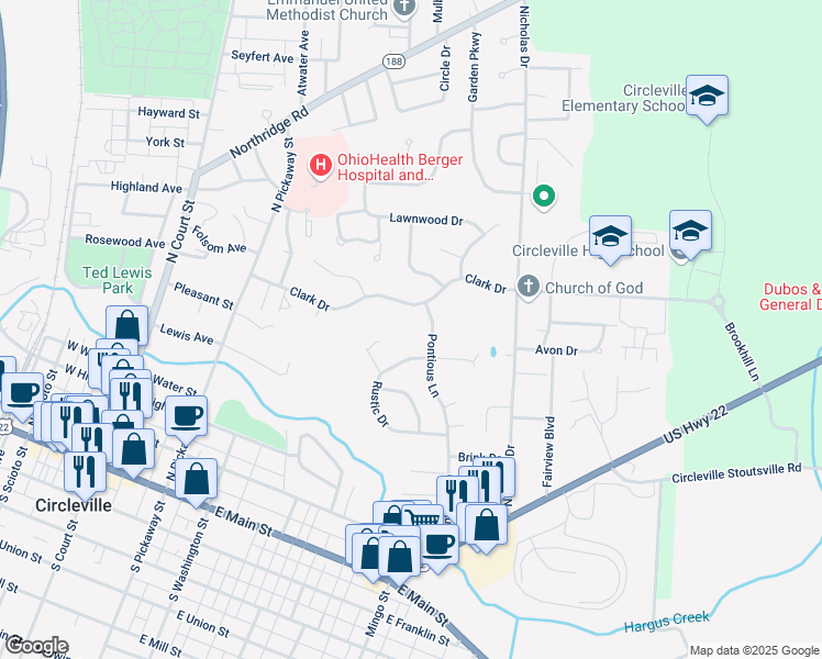 map of restaurants, bars, coffee shops, grocery stores, and more near 321 Pontious Lane in Circleville