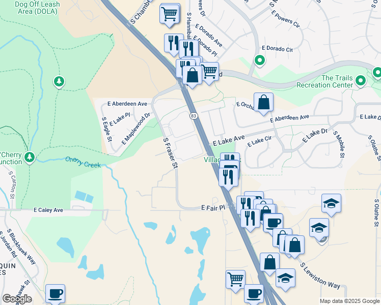map of restaurants, bars, coffee shops, grocery stores, and more near 6107 South Parker Road in Centennial