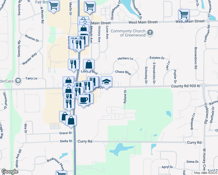 map of restaurants, bars, coffee shops, grocery stores, and more near 1593 County Road 900 North in Greenwood