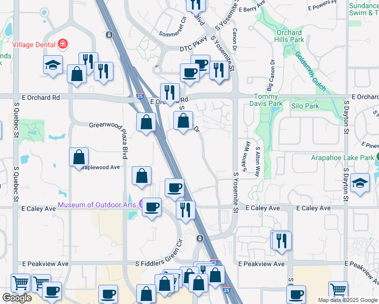 map of restaurants, bars, coffee shops, grocery stores, and more near 6061 South Willow Drive in Greenwood Village