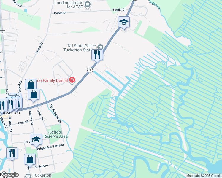 map of restaurants, bars, coffee shops, grocery stores, and more near 71 Admiral Drive in Tuckerton