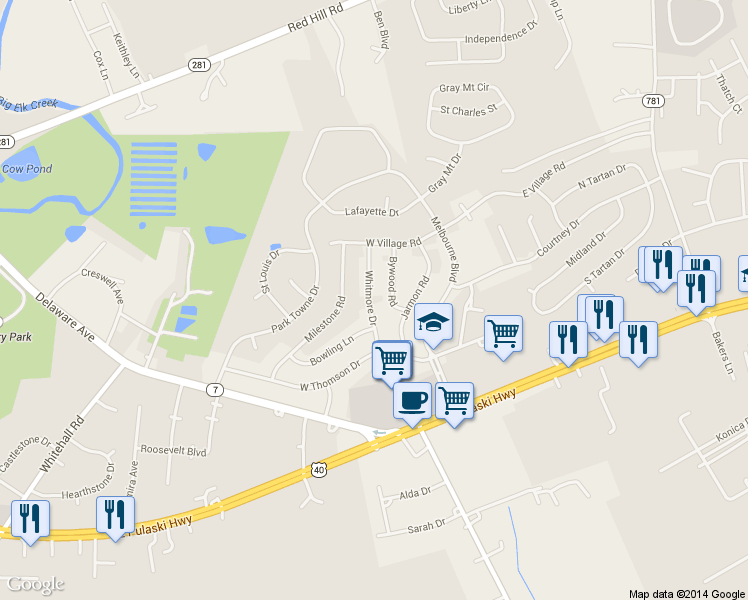 map of restaurants, bars, coffee shops, grocery stores, and more near 116 Whitmore Dr in Elkton