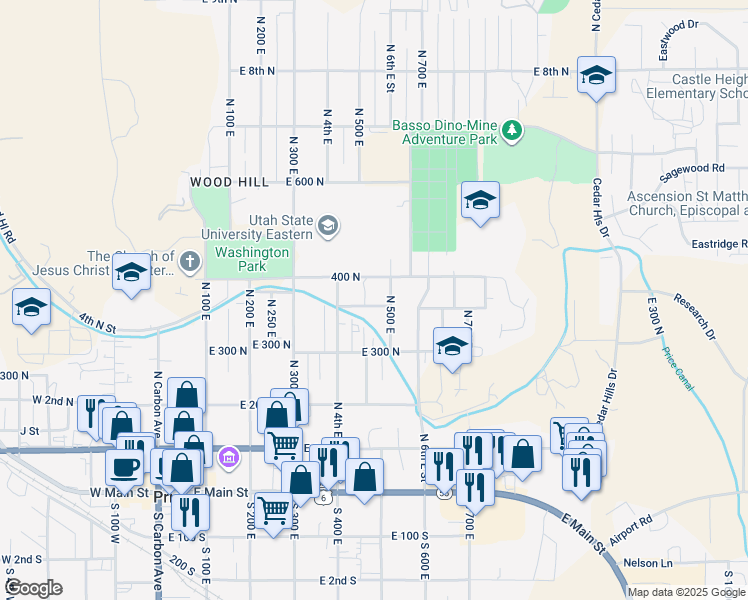 map of restaurants, bars, coffee shops, grocery stores, and more near 485 College Avenue in Price