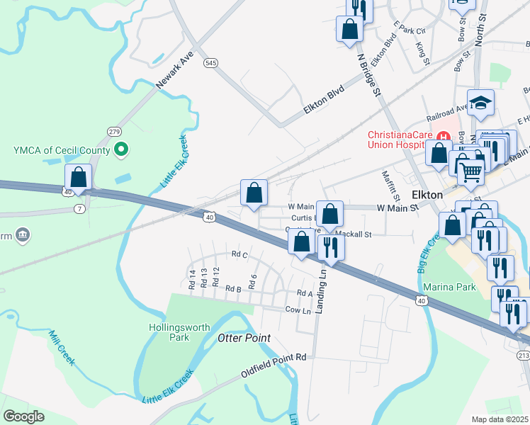 map of restaurants, bars, coffee shops, grocery stores, and more near 364-368 West Main Street in Elkton