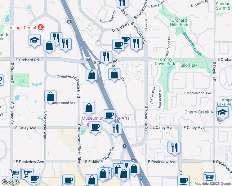 map of restaurants, bars, coffee shops, grocery stores, and more near 6061 South Willow Drive in Greenwood Village