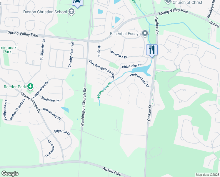 map of restaurants, bars, coffee shops, grocery stores, and more near 1719 Heritage Lake Drive in Dayton