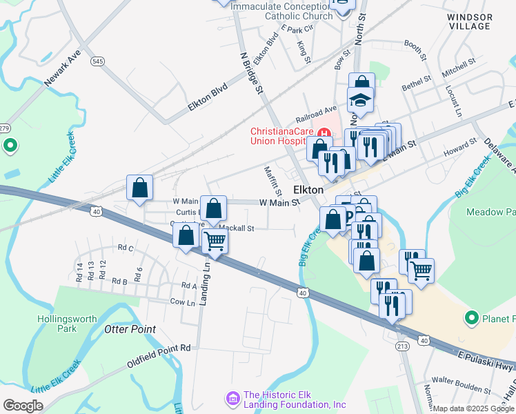 map of restaurants, bars, coffee shops, grocery stores, and more near 228 West Main Street in Elkton