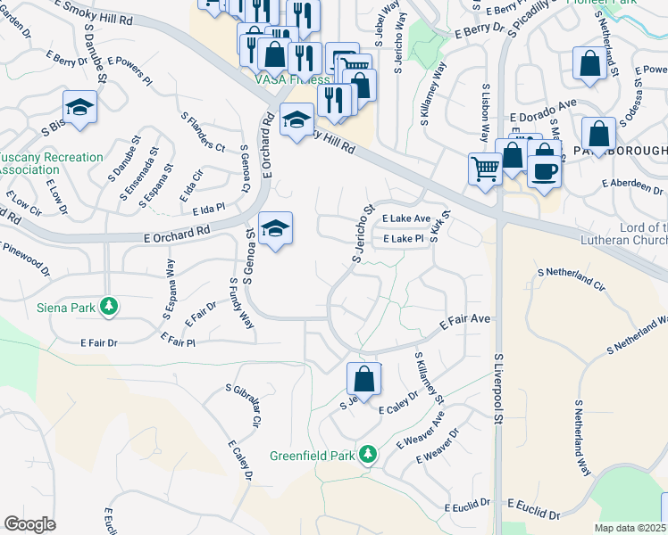 map of restaurants, bars, coffee shops, grocery stores, and more near 20288 East Lake Lane in Centennial