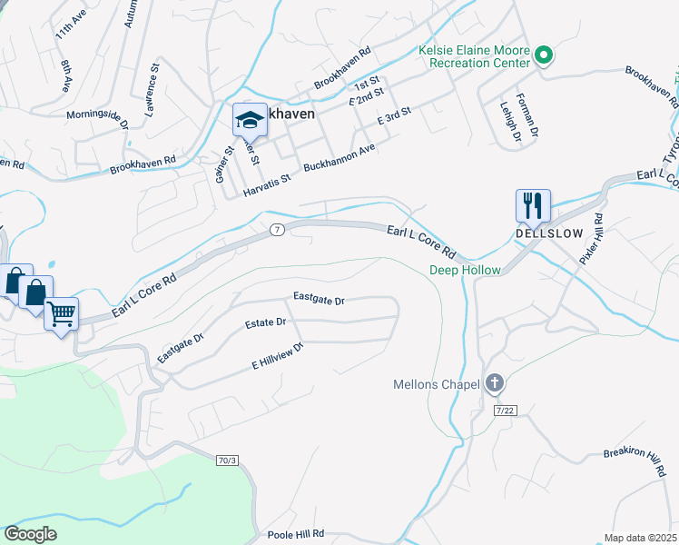 map of restaurants, bars, coffee shops, grocery stores, and more near 31 Eastern Trail in Morgantown