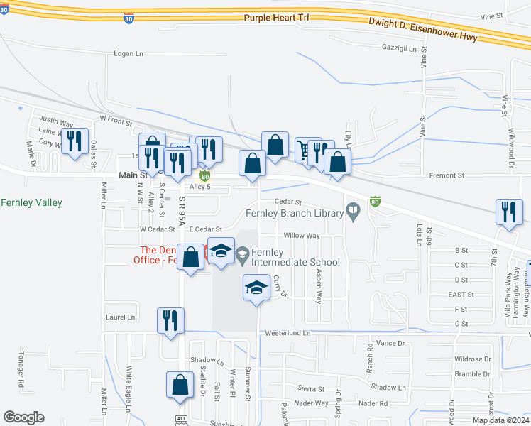 map of restaurants, bars, coffee shops, grocery stores, and more near 135 Hardie Lane in Fernley