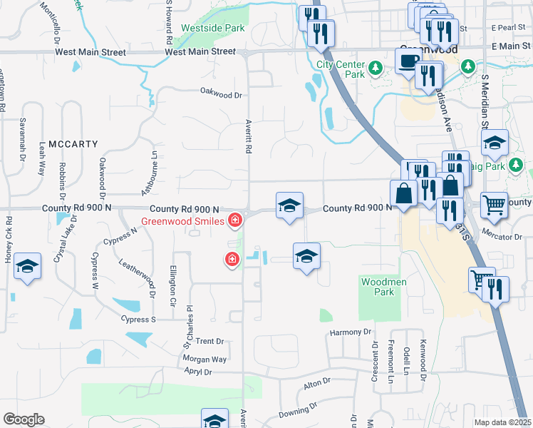 map of restaurants, bars, coffee shops, grocery stores, and more near 695 West Smith Valley Road in Greenwood