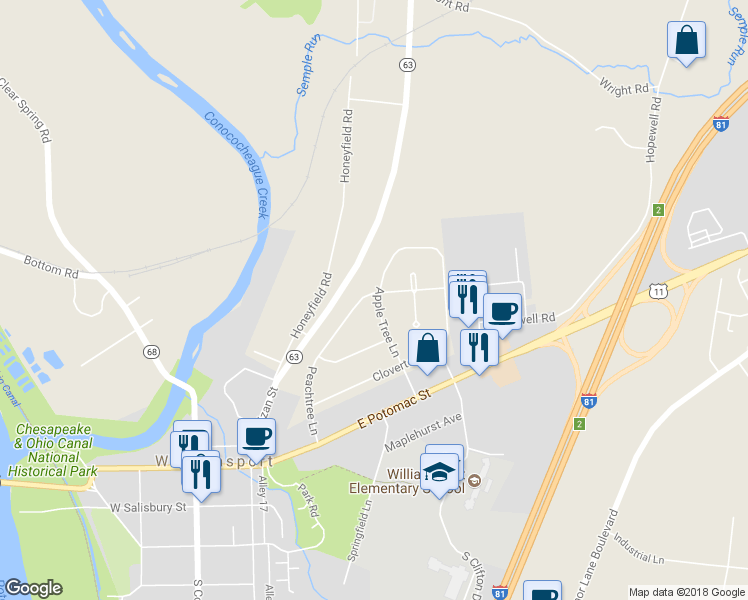 map of restaurants, bars, coffee shops, grocery stores, and more near 10618 Apple Tree Lane in Williamsport
