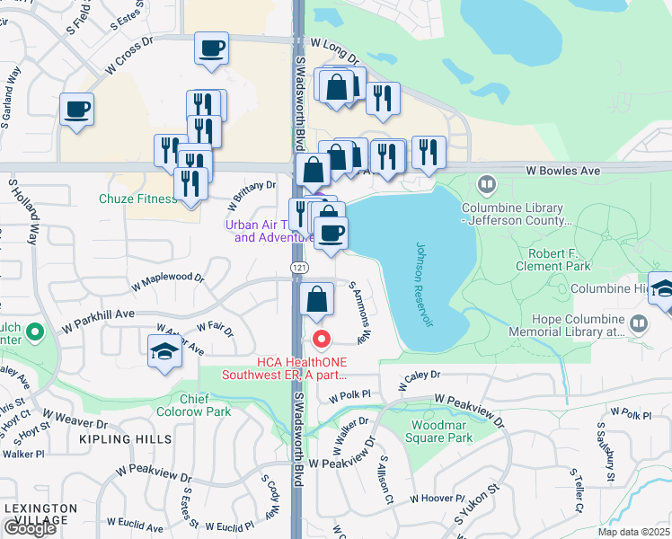 map of restaurants, bars, coffee shops, grocery stores, and more near 6170 South Balsam Way in Littleton