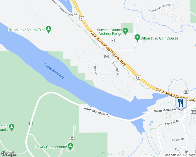 map of restaurants, bars, coffee shops, grocery stores, and more near 137 Torrey Lane in Dillon