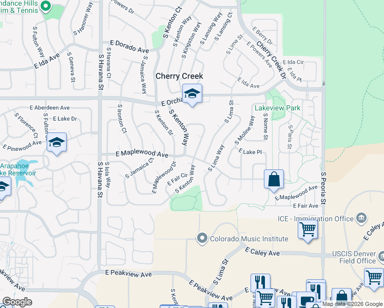 map of restaurants, bars, coffee shops, grocery stores, and more near 6095 South Kingston Circle in Englewood