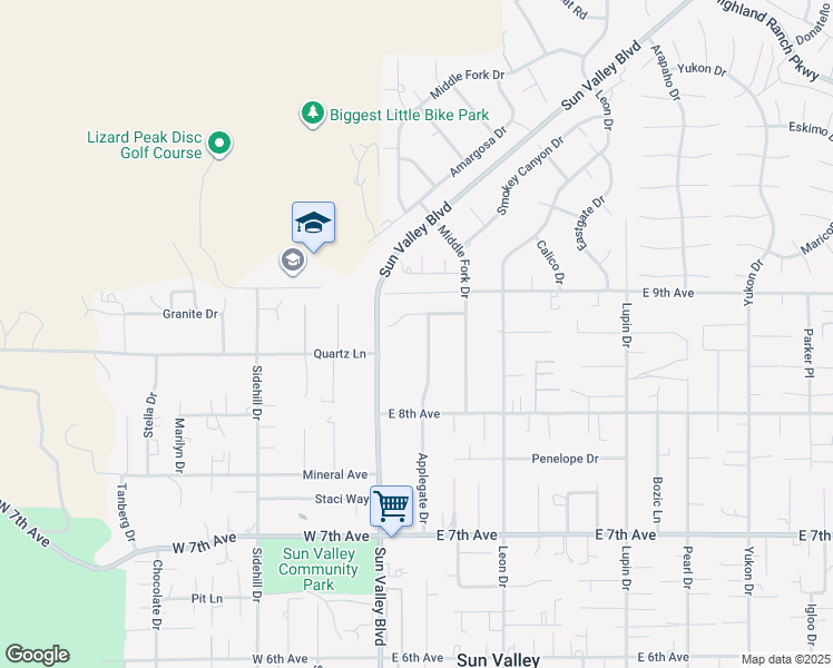 map of restaurants, bars, coffee shops, grocery stores, and more near 5885 Applegate Drive in Sun Valley