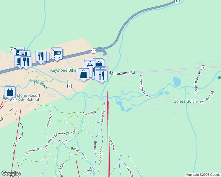map of restaurants, bars, coffee shops, grocery stores, and more near 1-99 Hunkidori Court in Dillon