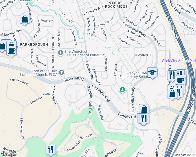 map of restaurants, bars, coffee shops, grocery stores, and more near 6102 South Shawnee Street in Centennial