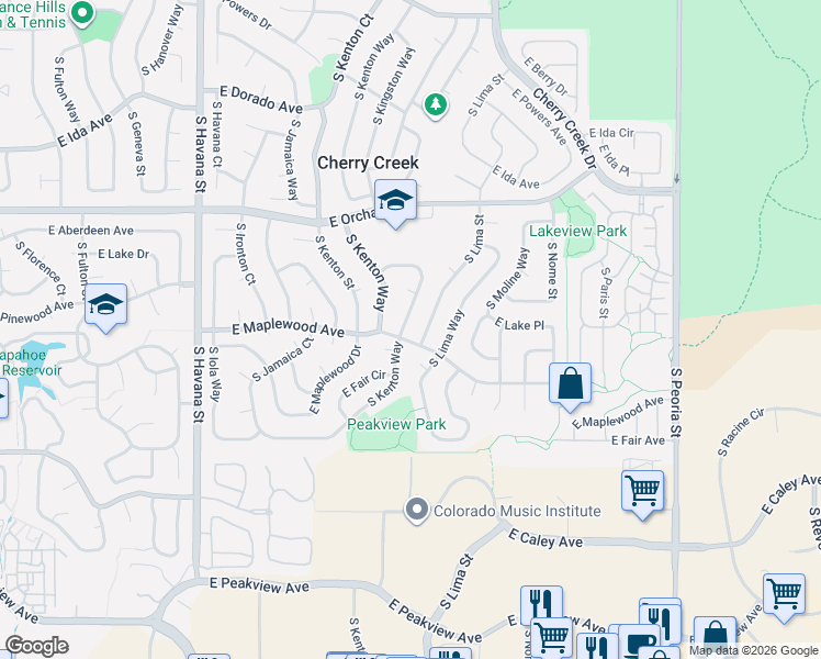 map of restaurants, bars, coffee shops, grocery stores, and more near 6095 South Kingston Circle in Englewood