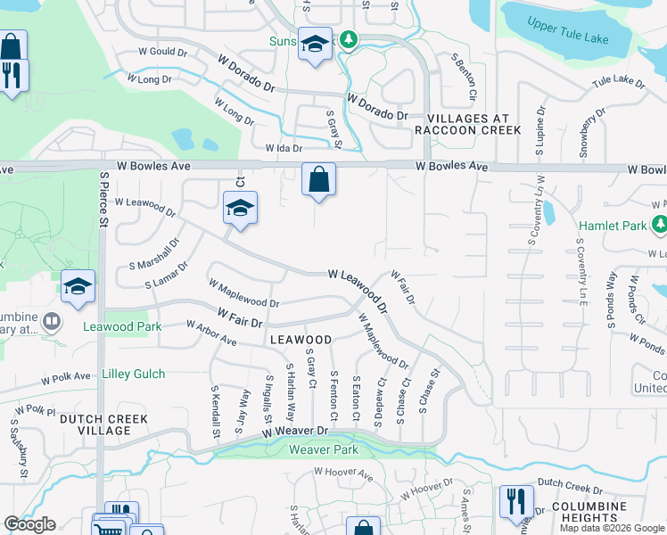 map of restaurants, bars, coffee shops, grocery stores, and more near 5855 West Leawood Drive in Littleton