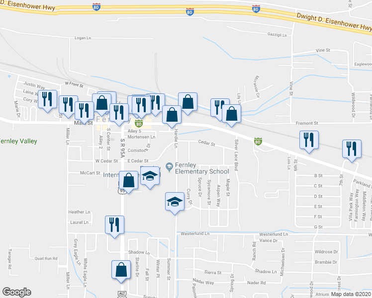 map of restaurants, bars, coffee shops, grocery stores, and more near 130 Curry Drive in Fernley