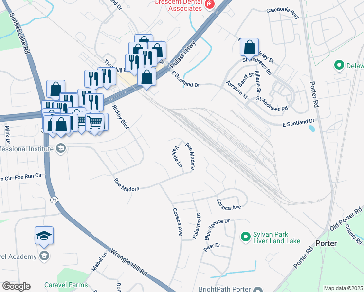 map of restaurants, bars, coffee shops, grocery stores, and more near 171 Valerie Lane in Bear