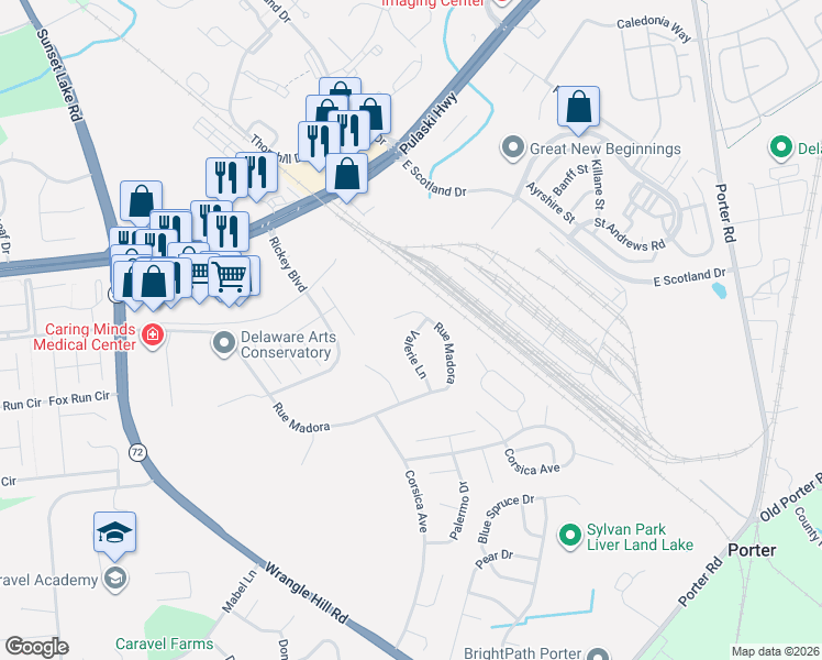 map of restaurants, bars, coffee shops, grocery stores, and more near 171 Valerie Lane in Bear