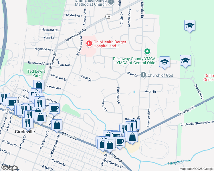 map of restaurants, bars, coffee shops, grocery stores, and more near 321 Pontious Lane in Circleville