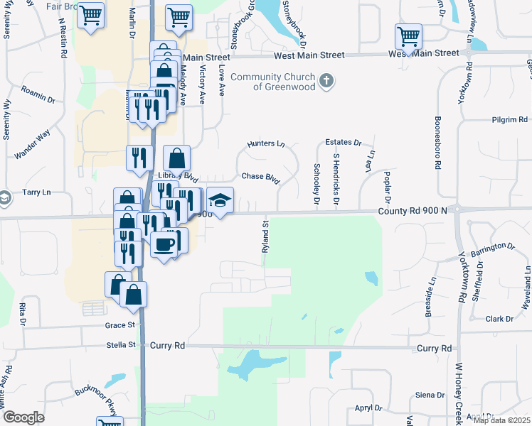 map of restaurants, bars, coffee shops, grocery stores, and more near 1497 Smith Valley Road in Greenwood