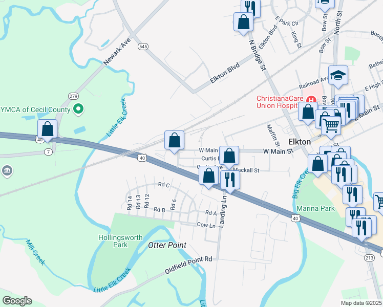 map of restaurants, bars, coffee shops, grocery stores, and more near 364-368 West Main Street in Elkton