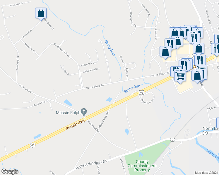 map of restaurants, bars, coffee shops, grocery stores, and more near 210 Razor Strap Rd in North East