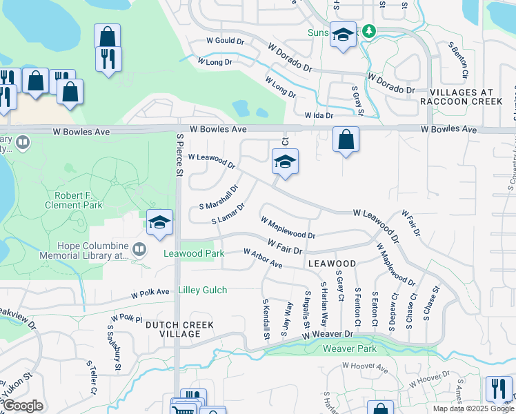 map of restaurants, bars, coffee shops, grocery stores, and more near 6341 West Maplewood Place in Littleton